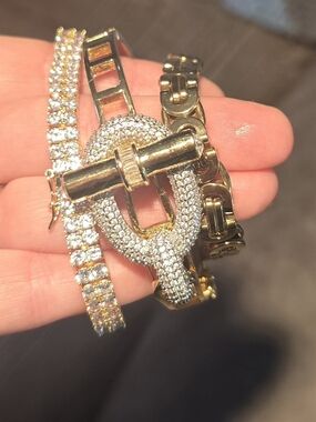 Set Of 3 Gold-Tone Bracelets: Pave, Tennis, Geometric Link